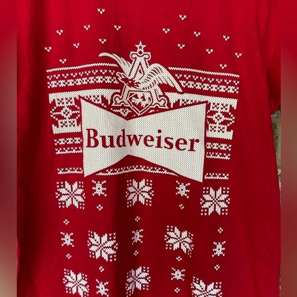 Nice Hanes Budweiser Shirt Red With White Snowflakes Size Large
